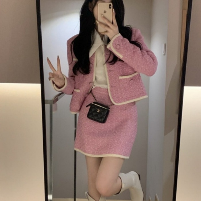 WL 핑크 트위드 자켓 미니 스커트 투피스세트
